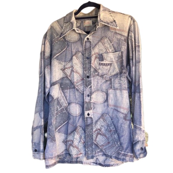 🔮 1970 VINTAGE | DENIM PATCHWORK PRINT SHIRT | UNISEX | LARGE | UNIQUE! $160! - Picture 6 of 7